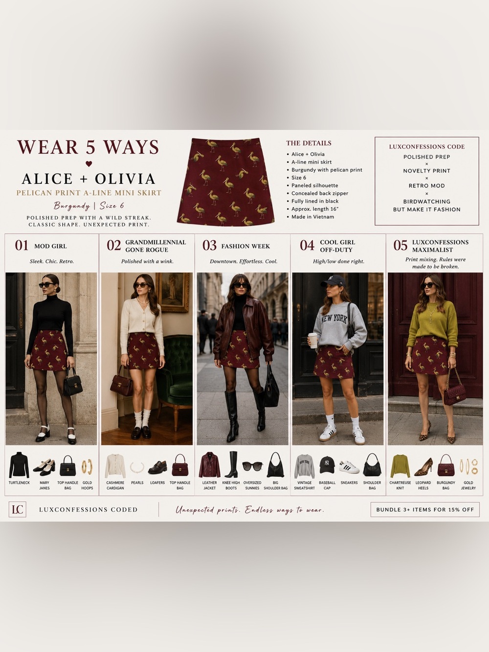 ALICE + OLIVIA Pelican Print A-Line Mini Skirt | Burgundy | Size 6